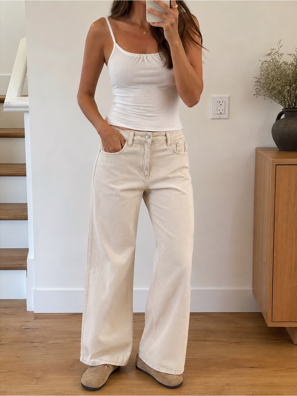 Free People Beige Wide-Leg Jeans